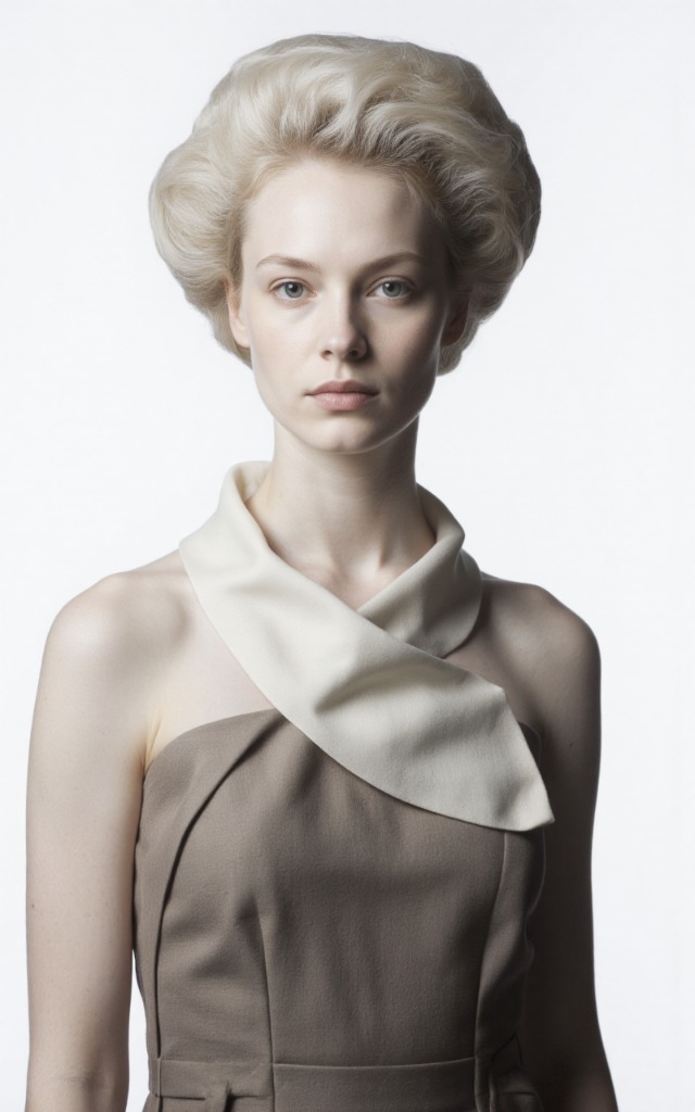 A French female model wearing a dress with an Asymmetric collar, white background, front   facing bust portrait